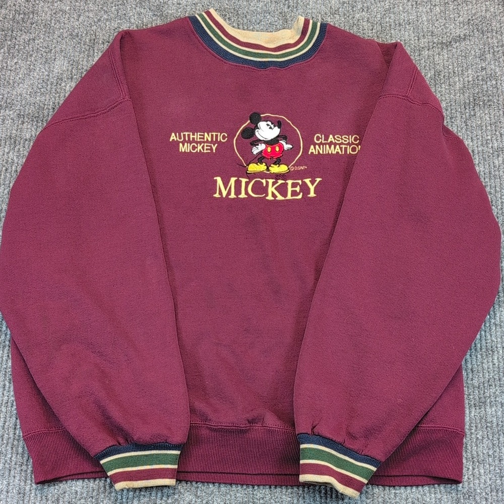 Vintage Mickey Mouse Embroidered Graphic Crewneck Pullover XL Burgundy Genus